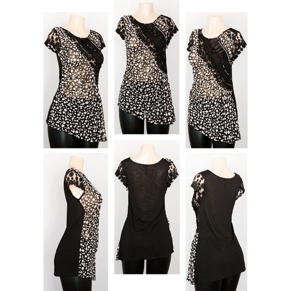 Black Taupe Mix Media Lace Asymmetric Tunic Top - Picture 7 of 8